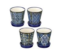 Mini Plant Pot x1, Individual Mediterranean Dark Blue & White Geometric Herb Pot & Saucer, Blue Plant Pot for Houseplants, 1 Cactus Herb Succulent Houseplant Plant Pot Cover (Design 2 (Top Right))