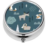 Mini Portable Pill Case Box for Purse Vitamin Medicine Metal Small Cute Travel Pill Organizer Container Holder Pocket Pharmacy Hand Drawn Fox Goat elk and Rabbit Forest Scandinavian Christmas