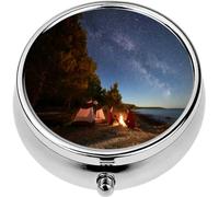 Mini Portable Pill Case Box for Purse Vitamin Medicine Metal Small Cute Travel Pill Organizer Container Holder Pocket Pharmacy Young Couple Man and Woman Having Rest at Tourist Tent and Burning