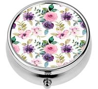 Mini Portable Pill Case Box for Purse Vitamin Medicine Metal Small Cute Travel Pill Organizer Container Holder Pocket Pharmacy Pink Purple Rose Flower Watercolor
