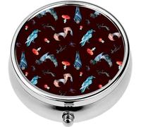 Mini Portable Pill Case Box for Purse Vitamin Medicine Metal Small Cute Travel Pill Organizer Container Holder Pocket Pharmacy Fly Agaric Mushroom and bat Crow Watercolor Isolated Dark
