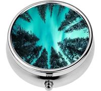Mini Portable Pill Case Box for Purse Vitamin Medicine Metal Small Cute Travel Pill Organizer Container Holder Pocket Pharmacy Beautiful Aurora Northern Lights Glowing Snow Covered Pine