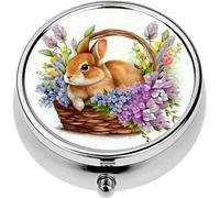Mini Portable Pill Case Box for Purse Vitamin Medicine Metal Small Cute Travel Pill Organizer Container Holder Pocket Pharmacy Rabbit Sitting a Basket Flowers Hand Drawn Watercolor Cute Animal