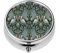 Mini Portable Pill Case Box for Purse Vitamin Medicine Metal Small Cute Travel Pill Organizer Container Holder Pocket Pharmacy Floral Vintage wit Birds Retro