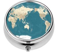 Mini Portable Pill Case Box for Purse Vitamin Medicine Metal Small Cute Travel Pill Organizer Container Holder Pocket Pharmacy World Map Pacific View Asia China Center Political Topographic