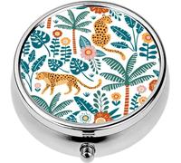 Mini Portable Pill Case Box for Purse Vitamin Medicine Metal Small Cute Travel Pill Organizer Container Holder Pocket Pharmacy Hand Drawn Leopards Palm Trees and Exotic Plants White