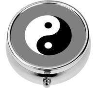 Mini Portable Pill Case Box for Purse Vitamin Medicine Metal Small Cute Travel Pill Organizer Container Holder Pocket Pharmacy Yin Yang Symbol Tai Chi Sign icon Flat Style Design Isolated Grey