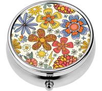 Mini Portable Pill Case Box for Purse Vitamin Medicine Metal Small Cute Travel Pill Organizer Container Holder Pocket Pharmacy Retro Hippie Bright Color Flowers Funky and Groove i Color Plants The