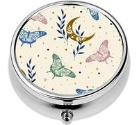 Mini Portable Pill Case Box for Purse Vitamin Medicine Metal Small Cute Travel Pill Organizer Container Holder Pocket Pharmacy Elegant Celestial Herbs Boho Magic Space Stars Butterflies Doodle