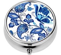 Mini Portable Pill Case Box for Purse Vitamin Medicine Metal Small Cute Travel Pill Organizer Container Holder Pocket Pharmacy Traditional Oriental Paisley Vintage Flowers Ornament Butterflies Blue