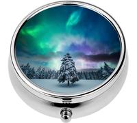 Mini Portable Pill Case Box for Purse Vitamin Medicine Metal Small Cute Travel Pill Organizer Container Holder Pocket Pharmacy Winter Landscape Northern Lights