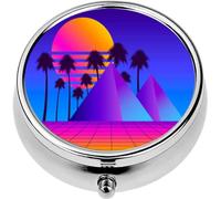Mini Portable Pill Case Box for Purse Vitamin Medicine Metal Small Cute Travel Pill Organizer Container Holder Pocket Pharmacy Retro Futurism Pyramids Palm Trees Perspective Grid Neon Sunset Synthw