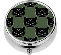 Mini Portable Pill Case Box for Purse Vitamin Medicine Metal Small Cute Travel Pill Organizer Container Holder Pocket Pharmacy Black cat Faces Moon Kitten Character
