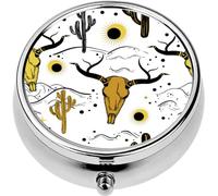 Mini Portable Pill Case Box for Purse Vitamin Medicine Metal Small Cute Travel Pill Organizer Container Holder Pocket Pharmacy Bohemian Hand Drawn Buffalo Skull Desert and Cactus Arizona and Wild