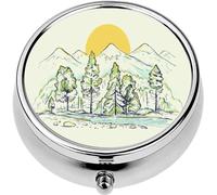 Mini Portable Pill Case Box for Purse Vitamin Medicine Metal Small Cute Travel Pill Organizer Container Holder Pocket Pharmacy Sketch a high Mountain ranges Forest River Sunrise Sunset Landscape