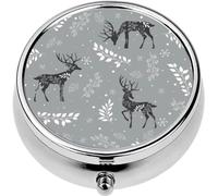 Mini Portable Pill Case Box for Purse Vitamin Medicine Metal Small Cute Travel Pill Organizer Container Holder Pocket Pharmacy Woodland Deers and Snowflakes Grey