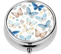 Mini Portable Pill Case Box for Purse Vitamin Medicine Metal Small Cute Travel Pill Organizer Container Holder Pocket Pharmacy Flying Butterflies Blue Yellow and Brown Colors Vintage Style White
