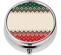 Mini Portable Pill Case Box for Purse Vitamin Medicine Metal Small Cute Travel Pill Organizer Container Holder Pocket Pharmacy Ugly Sweater Merry Christmas Ornament Scandinavian Style Knitted backg