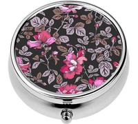 Mini Portable Pill Case Box for Purse Vitamin Medicine Metal Small Cute Travel Pill Organizer Container Holder Pocket Pharmacy Blossom red Roses and Leaves Isolated Black Decorative Summer Floral