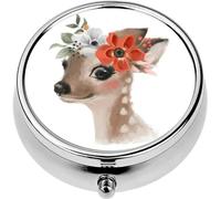 Mini Portable Pill Case Box for Purse Vitamin Medicine Metal Small Cute Travel Pill Organizer Container Holder Pocket Pharmacy Cute Hand Drawn Deer Fawn Floral Wreath Flowers Bouquet Woodland Water