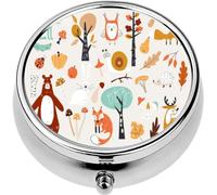 Mini Portable Pill Case Box for Purse Vitamin Medicine Metal Small Cute Travel Pill Organizer Container Holder Pocket Pharmacy Cute Autumn Woodland Animals and Floral Forest Design Set Cute Autumn