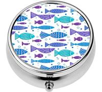 Mini Portable Pill Case Box for Purse Vitamin Medicine Metal Small Cute Travel Pill Organizer Container Holder Pocket Pharmacy Boho Flat Doodle Fishes and Bubbles Floating to The Right White Under