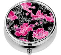 Mini Portable Pill Case Box for Purse Vitamin Medicine Metal Small Cute Travel Pill Organizer Container Holder Pocket Pharmacy Seamless with Blossom red Large Roses Petals Buds and Leaves Artistic
