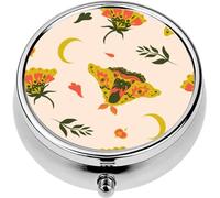 Mini Portable Pill Case Box for Purse Vitamin Medicine Metal Small Cute Travel Pill Organizer Container Holder Pocket Pharmacy Cute Autumnal Natural Warm Colors Flowers Twigs and Moons