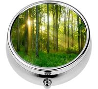 Mini Portable Pill Case Box for Purse Vitamin Medicine Metal Small Cute Travel Pill Organizer Container Holder Pocket Pharmacy Green Natural Beech Tree Forest Illuminated by Sunbeams Through Fog
