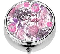 Mini Portable Pill Case Box for Purse Vitamin Medicine Metal Small Cute Travel Pill Organizer Container Holder Pocket Pharmacy Watercolor Modern Tropical Dried Flowers Protea Flowers and Monstera