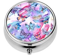 Mini Portable Pill Case Box for Purse Vitamin Medicine Metal Small Cute Travel Pill Organizer Container Holder Pocket Pharmacy Watercolor Butterflies Vintage Colorful Nature Abstract White