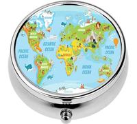 Mini Portable Pill Case Box for Purse Vitamin Medicine Metal Small Cute Travel Pill Organizer Container Holder Pocket Pharmacy Global map Cartoon Animals