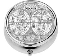 Mini Portable Pill Case Box for Purse Vitamin Medicine Metal Small Cute Travel Pill Organizer Container Holder Pocket Pharmacy Hand Drawn Ancient Atlas map World