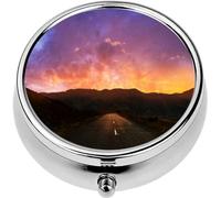 Mini Portable Pill Case Box for Purse Vitamin Medicine Metal Small Cute Travel Pill Organizer Container Holder Pocket Pharmacy Beautiful Road and Sunset Sky Clouds
