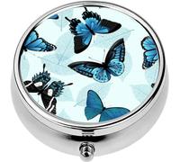 Mini Portable Pill Case Box for Purse Vitamin Medicine Metal Small Cute Travel Pill Organizer Container Holder Pocket Pharmacy Flying Butterflies Blue Colors Contemporary Composition Trendy Print