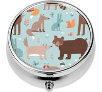 Mini Portable Pill Case Box for Purse Vitamin Medicine Metal Small Cute Travel Pill Organizer Container Holder Pocket Pharmacy Forest Cute Animals Fox Bear Rabbit Wolf and Squirrel Flat Hand Drawn
