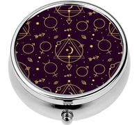 Mini Portable Pill Case Box for Purse Vitamin Medicine Metal Small Cute Travel Pill Organizer Container Holder Pocket Pharmacy Celestial Tarot Astrological Golden Dark
