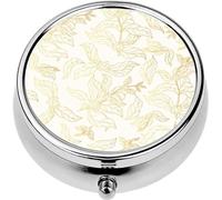 Mini Portable Pill Case Box for Purse Vitamin Medicine Metal Small Cute Travel Pill Organizer Container Holder Pocket Pharmacy Seamless of Golden Coffee Branches with Vintage Leaves and bea
