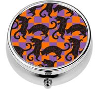 Mini Portable Pill Case Box for Purse Vitamin Medicine Metal Small Cute Travel Pill Organizer Container Holder Pocket Pharmacy Halloween Black Cat Purple and Orange Checker