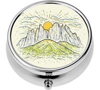 Mini Portable Pill Case Box for Purse Vitamin Medicine Metal Small Cute Travel Pill Organizer Container Holder Pocket Pharmacy Hand Drawn Color Sketch a Mountains Cliff and Sunrise Sunset Vintage r