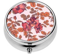Mini Portable Pill Case Box for Purse Vitamin Medicine Metal Small Cute Travel Pill Organizer Container Holder Pocket Pharmacy Blossom Large red Roses Petals Buds and Leaves Artistic Summer Floral