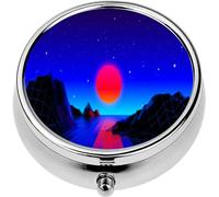 Mini Portable Pill Case Box for Purse Vitamin Medicine Metal Small Cute Travel Pill Organizer Container Holder Pocket Pharmacy Retro 80s Styled Landscape red neon Sun Over The Horizon and Polygonal