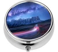 Mini Portable Pill Case Box for Purse Vitamin Medicine Metal Small Cute Travel Pill Organizer Container Holder Pocket Pharmacy Milky Way Over Mountain Road at Night Summer car Headlights