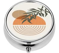 Mini Portable Pill Case Box for Purse Vitamin Medicine Metal Small Cute Travel Pill Organizer Container Holder Pocket Pharmacy Abstract Sun Moon Leaves Print Boho Minimalist Printable Wall Art