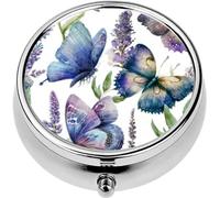 Mini Portable Pill Case Box for Purse Vitamin Medicine Metal Small Cute Travel Pill Organizer Container Holder Pocket Pharmacy Watercolor Butterfly and Lavender Flower Elegant Painting