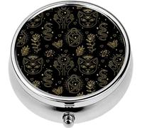 Mini Portable Pill Case Box for Purse Vitamin Medicine Metal Small Cute Travel Pill Organizer Container Holder Pocket Pharmacy Magic Boho Symbols Backdrop Sacred