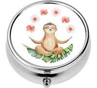 Mini Portable Pill Case Box for Purse Vitamin Medicine Metal Small Cute Travel Pill Organizer Container Holder Pocket Pharmacy Watercolor Yoga Sloth Position Flowers Cute Animal Hand Drawn