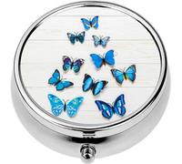 Mini Portable Pill Case Box for Purse Vitamin Medicine Metal Small Cute Travel Pill Organizer Container Holder Pocket Pharmacy Colored Butterflies Wooden White Flat Lay Copy Space