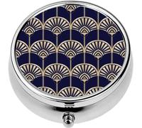 Mini Portable Pill Case Box for Purse Vitamin Medicine Metal Small Cute Travel Pill Organizer Container Holder Pocket Pharmacy Golden Art Abstract Palms Dark Blue Abstract Egyptian Geometric