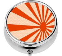 Mini Portable Pill Case Box for Purse Vitamin Medicine Metal Small Cute Travel Pill Organizer Container Holder Pocket Pharmacy Red Sun Rays and Japanese Asian sea Pattern Japan Flag Background EPS